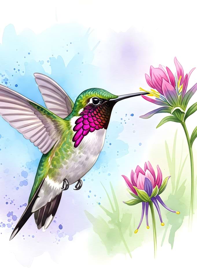 Hummingbird and Flowers Watercolor Illustration