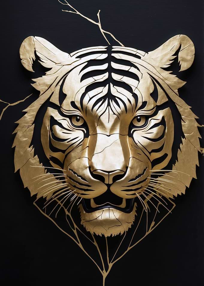 Golden Tiger Head on Black Background