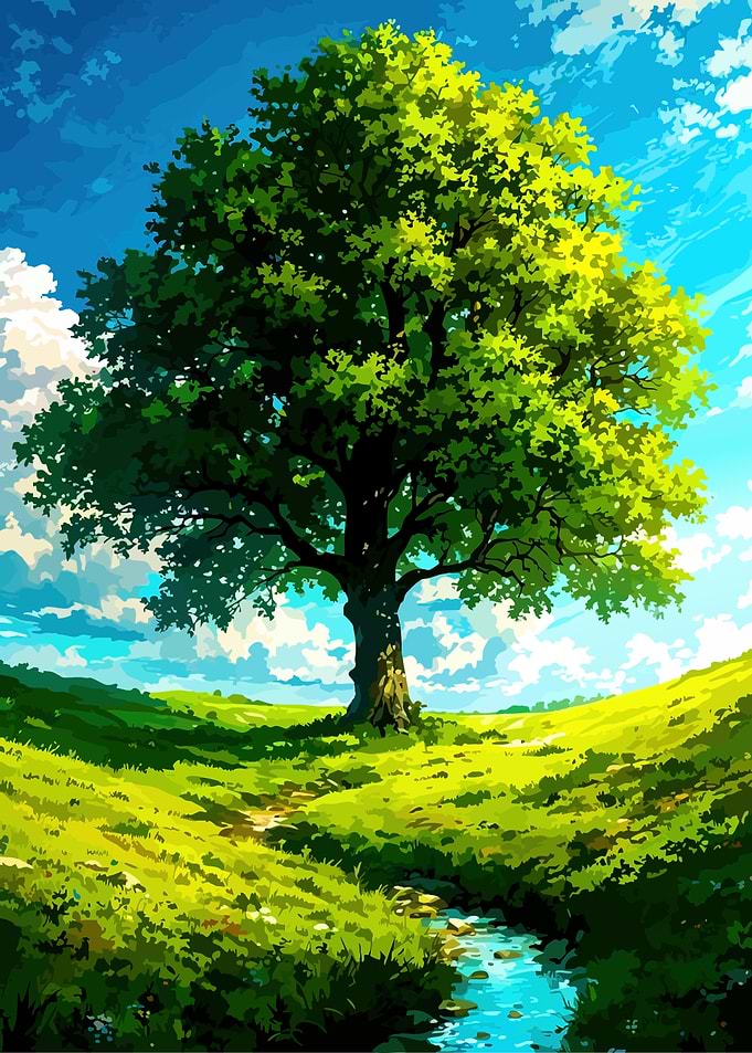 Lone Tree by Stream, Anime Style