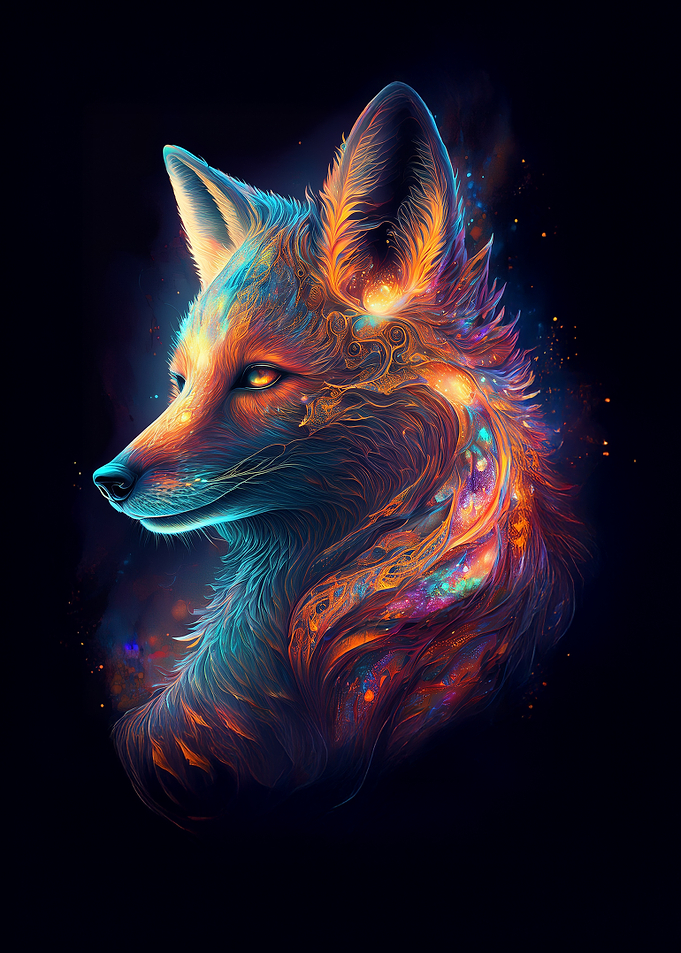 Colorful Fox Portrait on Black Background