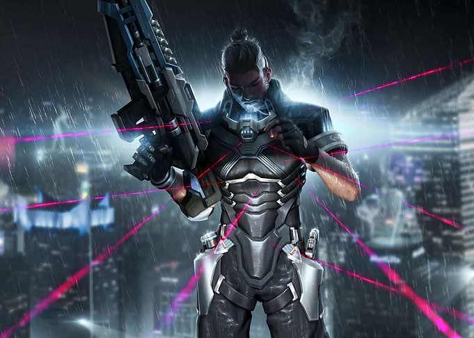 Cyber Hunter Soldier in Rainy Cityscape