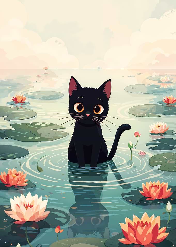 Black Cat in Lily Pond Illustration