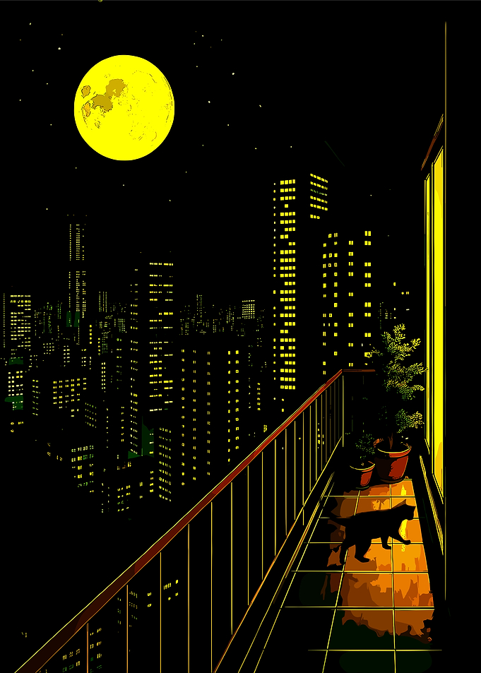 City Night Balcony with Cat
