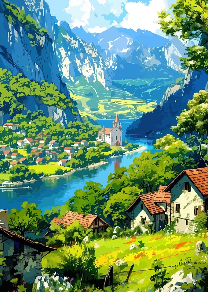 Scenic Mountain Village Landscape Painting