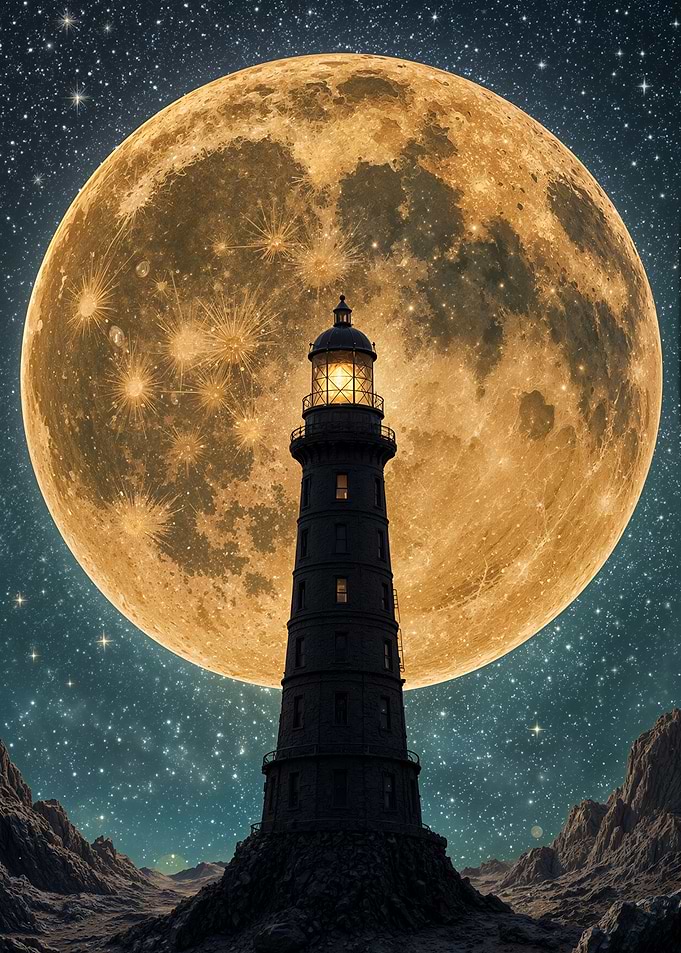 Lighthouse under a giant moon
