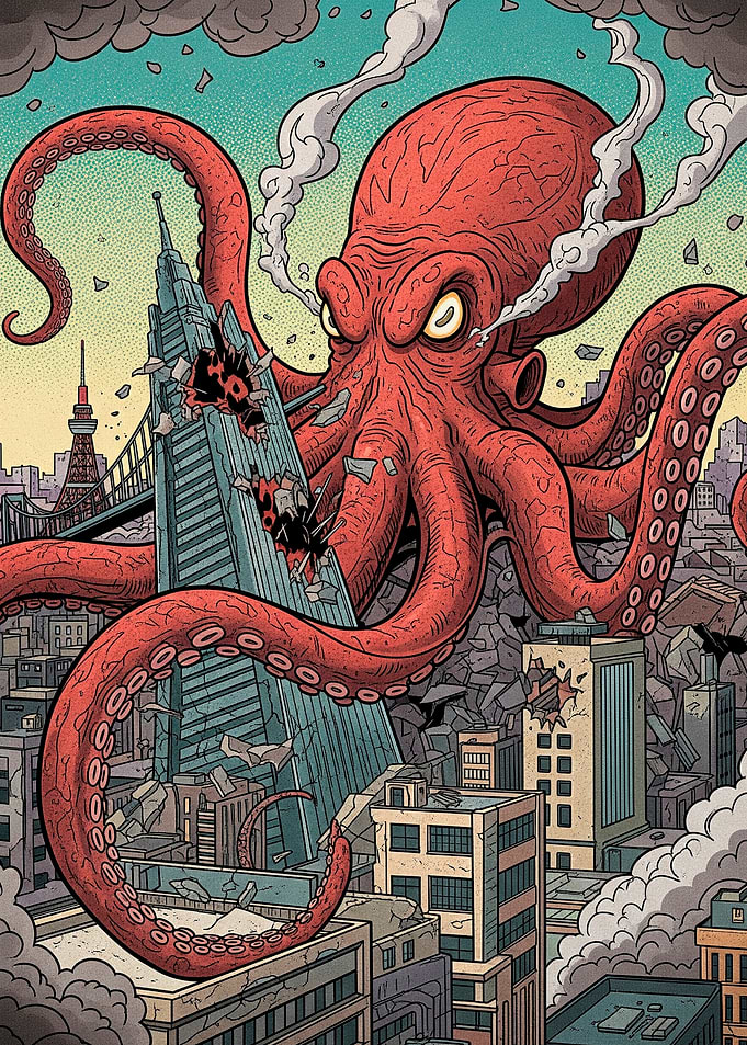 Giant Octopus Attacks Cityscape