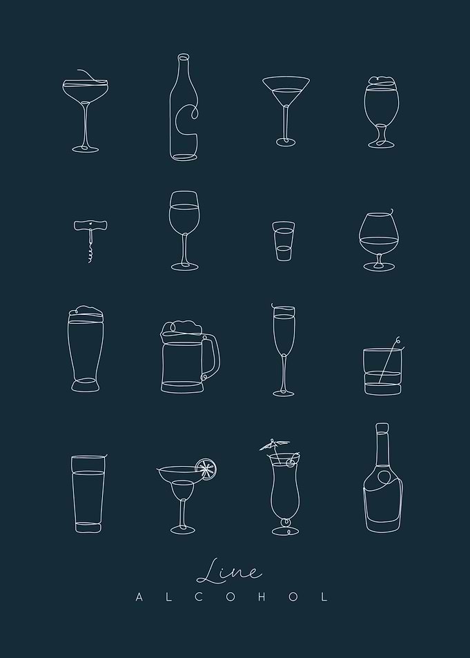 Line Art Alcohol Drinks on Blue
