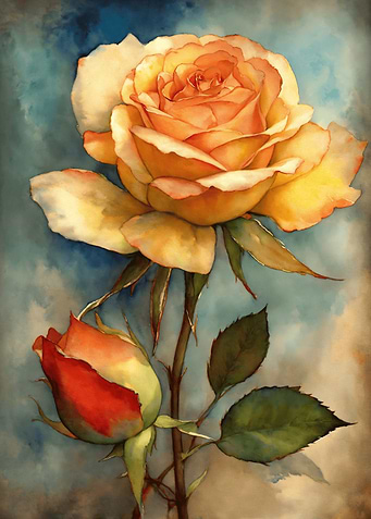 Watercolor Roses: Yellow and Red Bloom