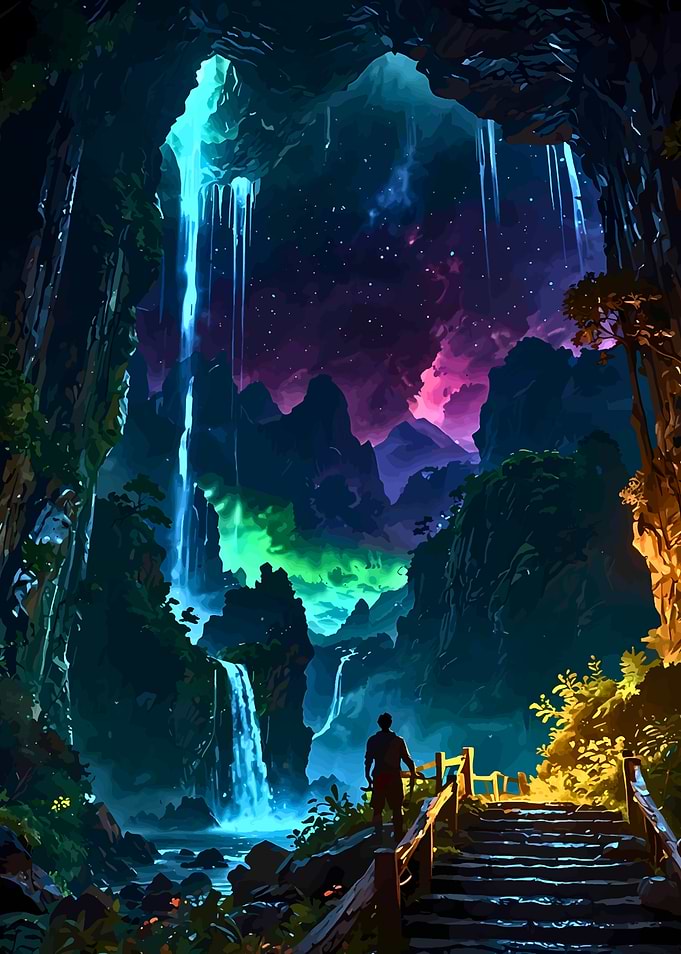 Fantasy Waterfall Landscape with Figure