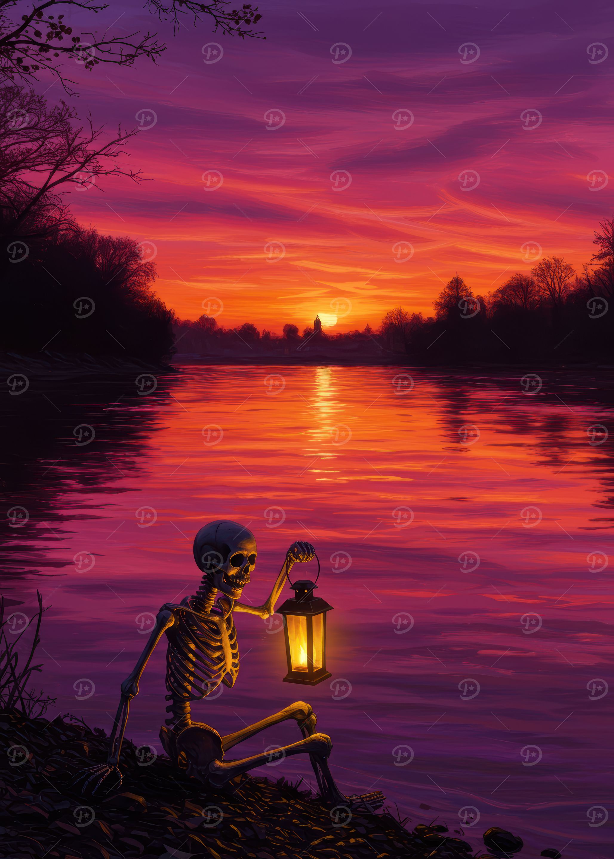 Skeleton with Lantern at Sunset Lake
