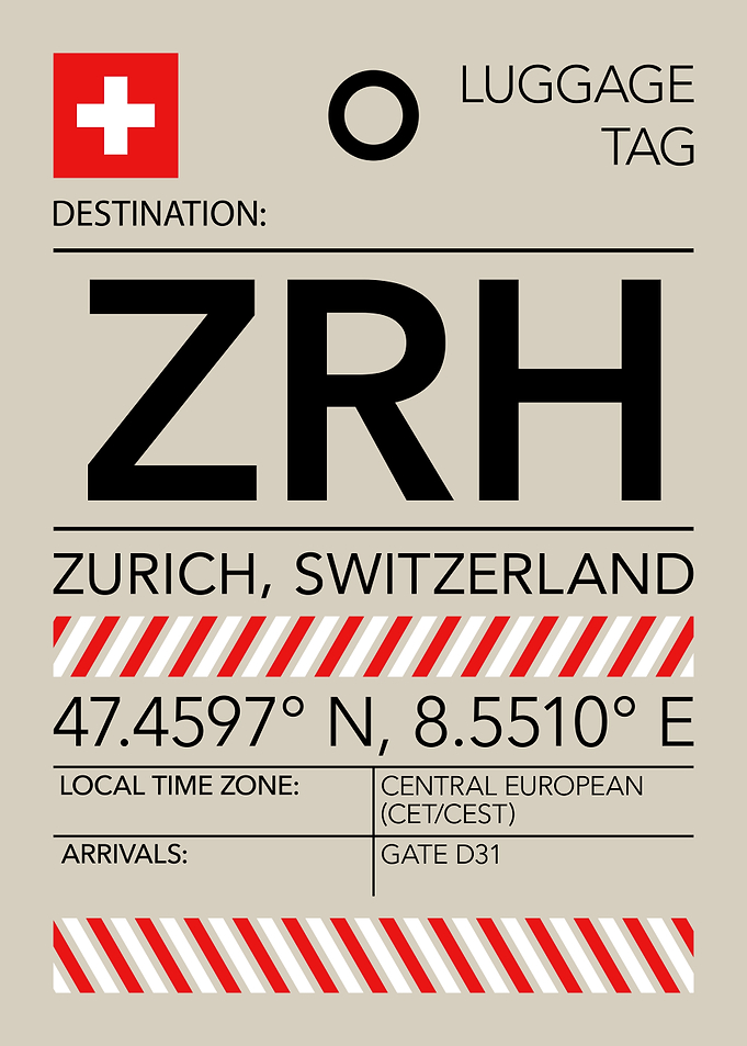 ZRH Zurich, Switzerland Airport Luggage Tag