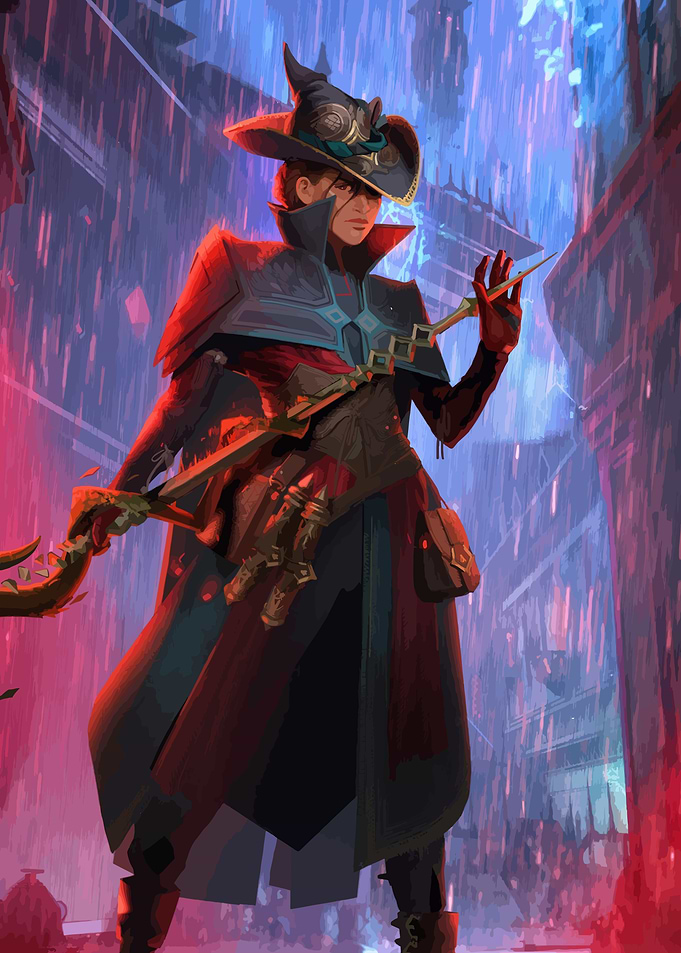 Fantasy Mage in Rainy Cityscape