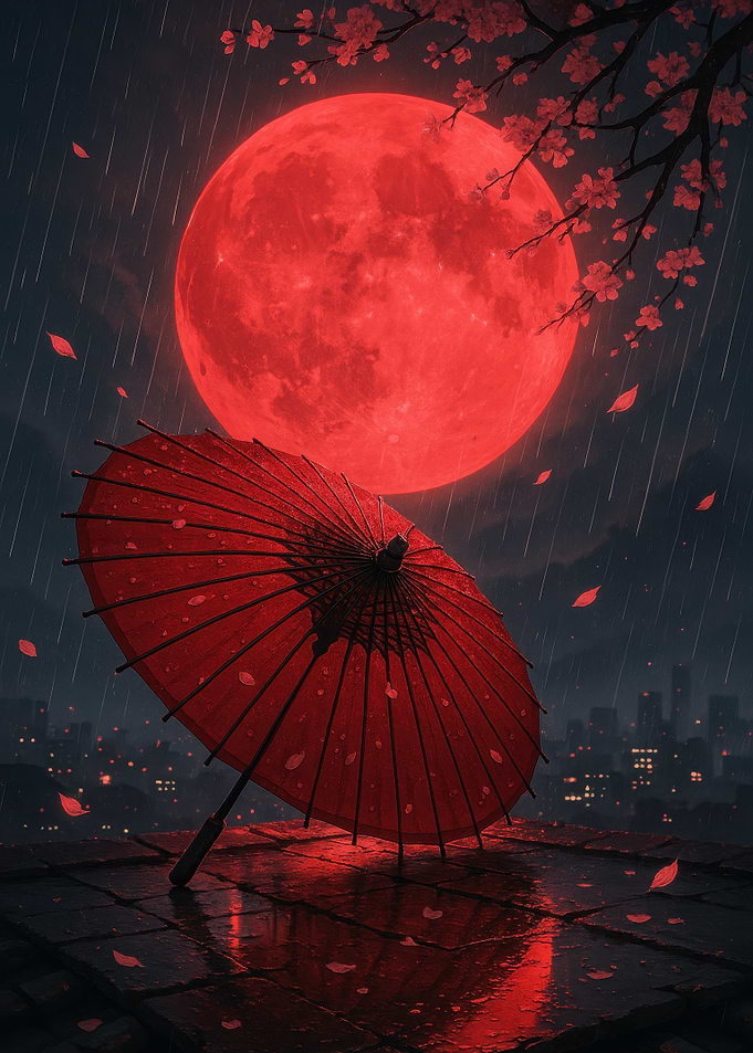 Red Moon, Umbrella, and Rainy Night