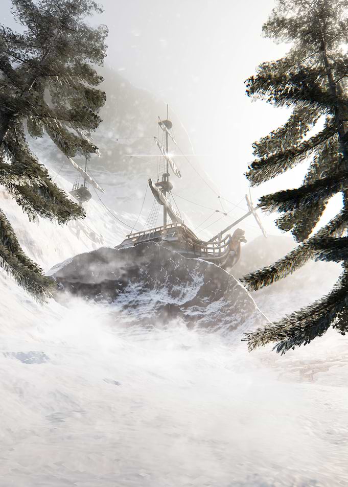 Shipwreck in Snowy Mountain Landscape