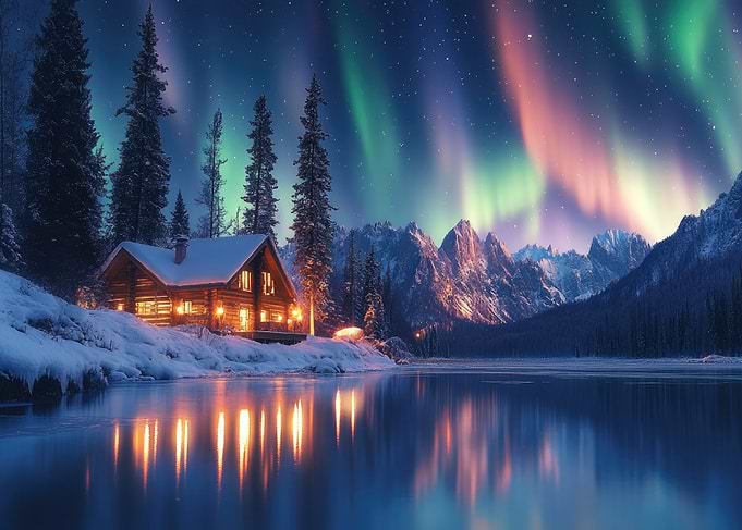 Winter Cabin Under Aurora Borealis