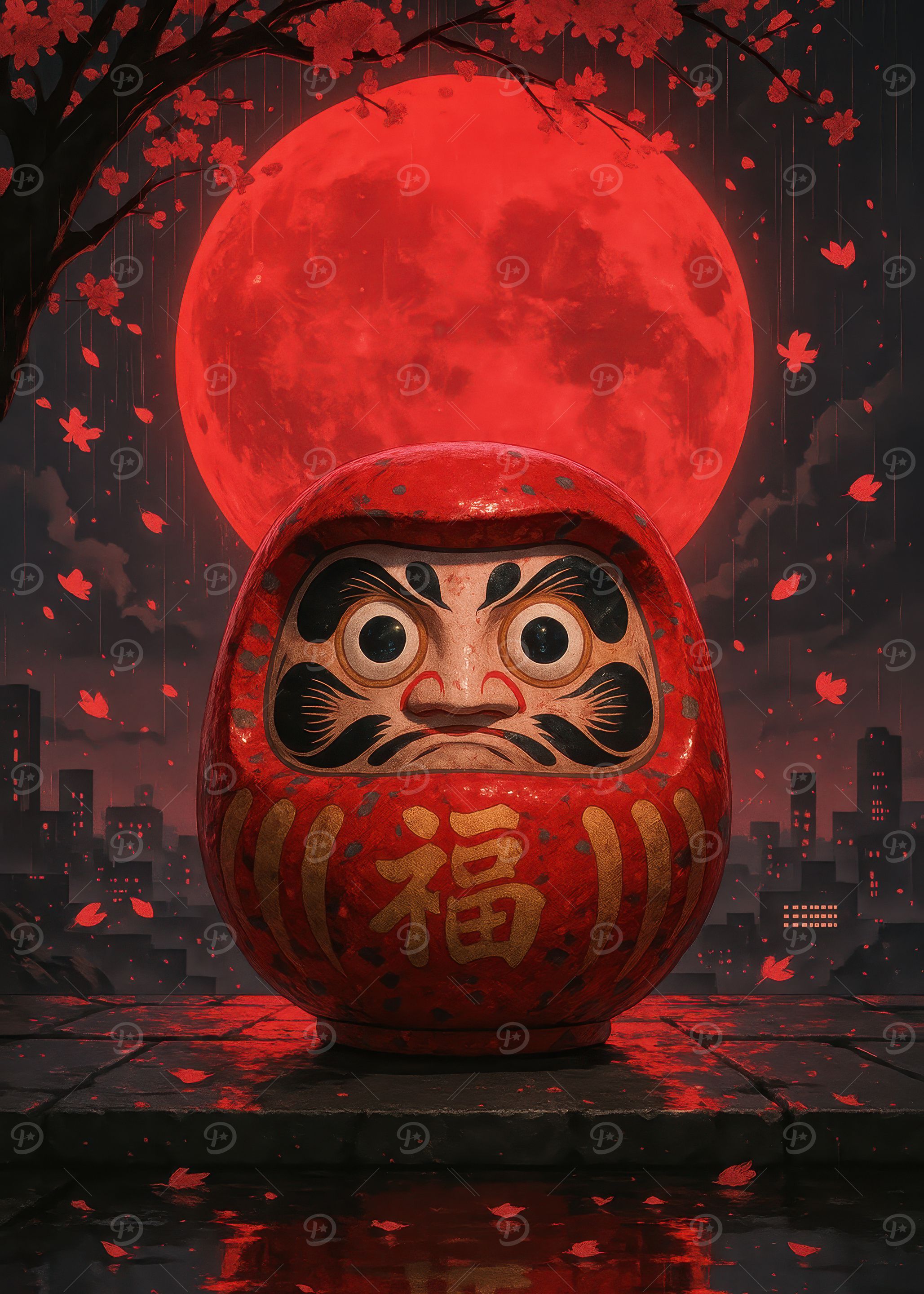 Daruma Doll Under Red Moon