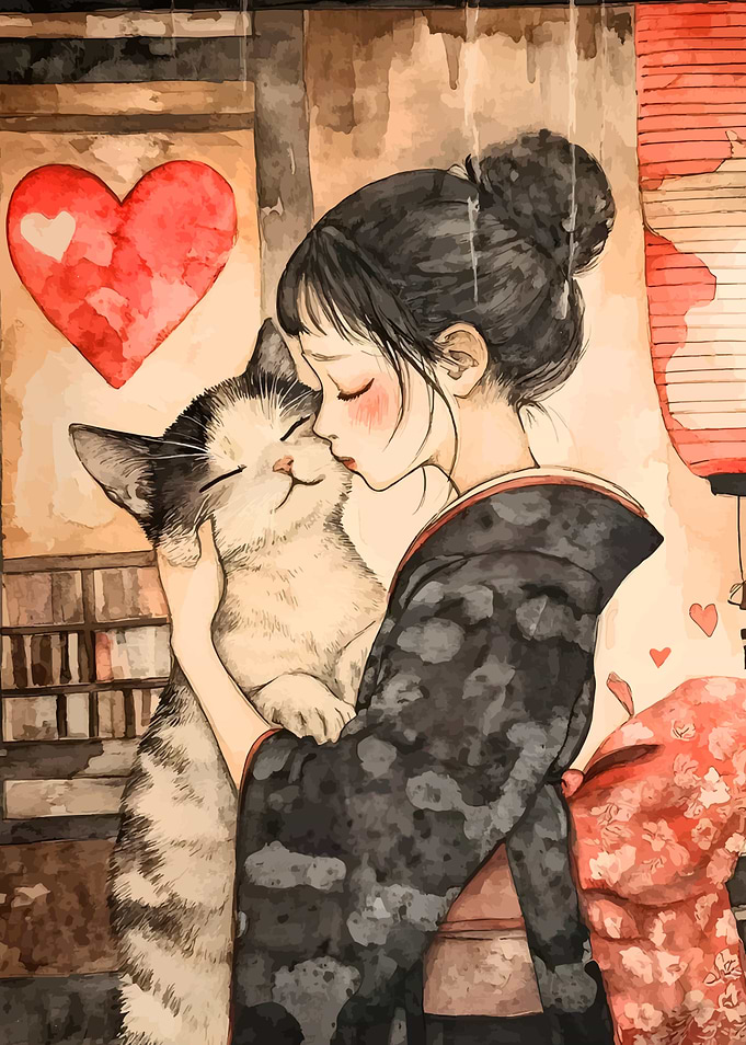 Girl and Cat Watercolor Illustration