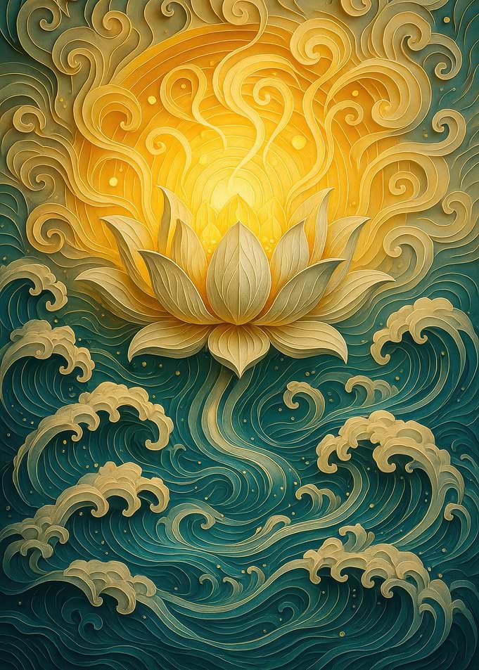 Lotus Flower and Ocean Waves Art