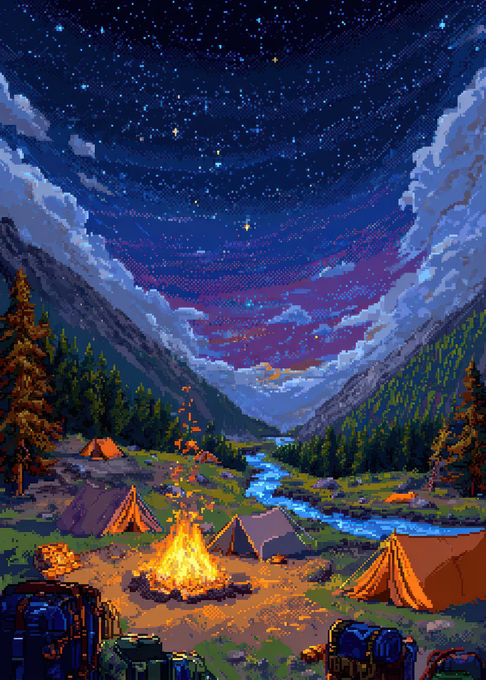 Pixel Art Camping Under Starry Sky