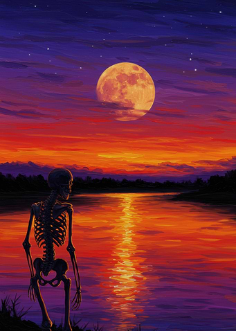 Skeleton by the Lake at Sunset