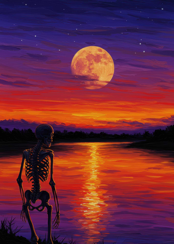 Skeleton by the Lake at Sunset