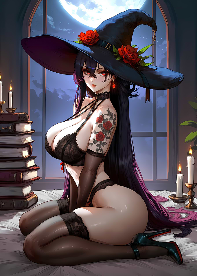 Sensual Witch with Roses and Books