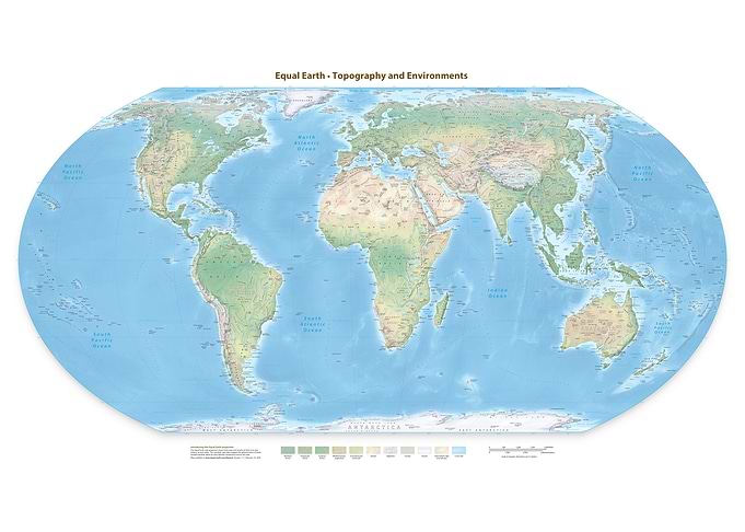 Equal Earth Topography and Environments Map