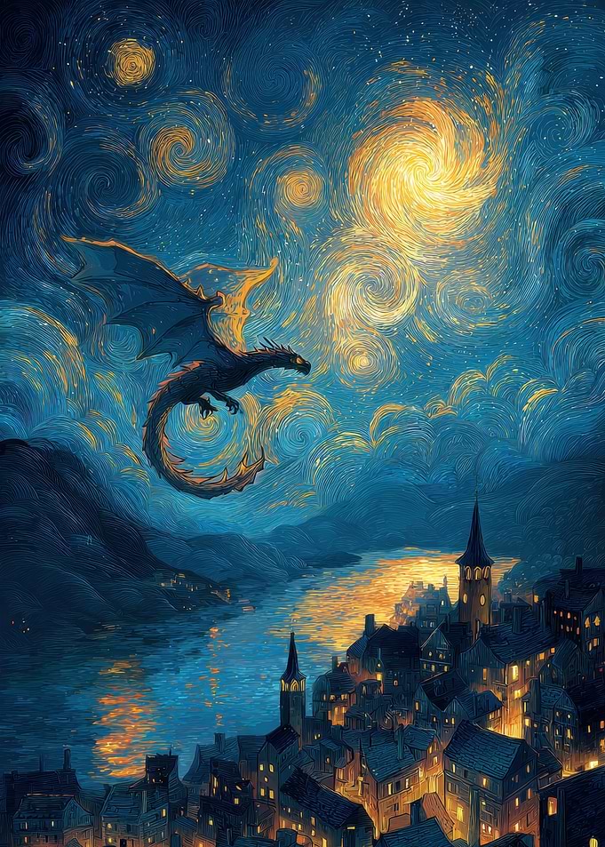 Dragon over Starry Night Cityscape