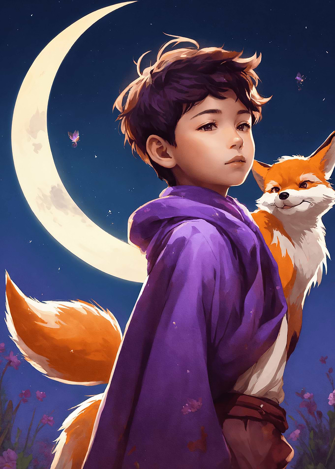 Boy with Fox under Crescent Moon