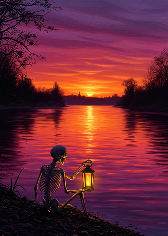 Skeleton with Lantern by River at Sunset