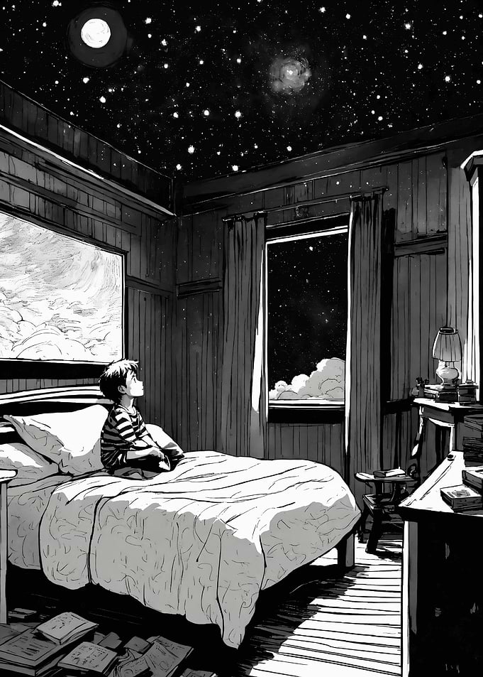 Boy Gazing at Starry Night Sky