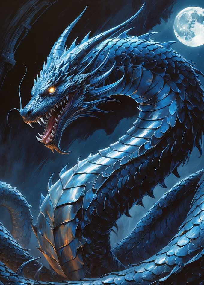Moonlit Blue Dragon — Fierce Fantasy Dragon Illustration