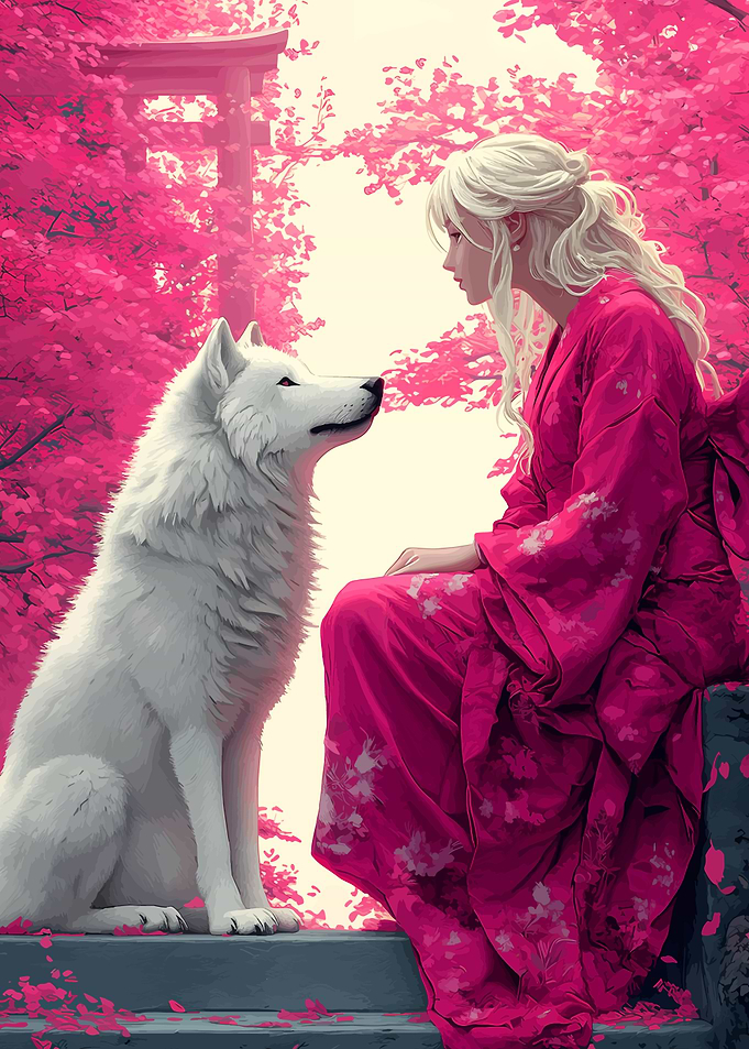 Girl and White Wolf in Pink Garden