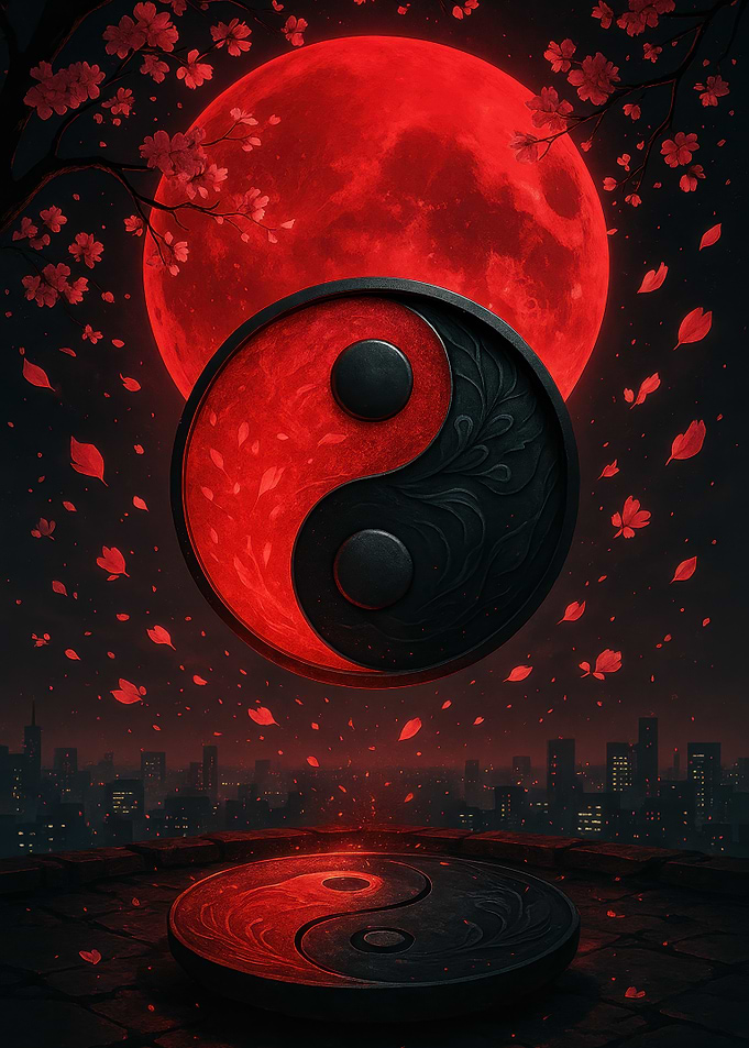 Yin Yang Symbol with Red Moon