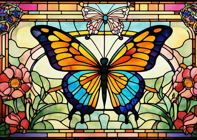 Stained Glass Butterfly and Floral Design