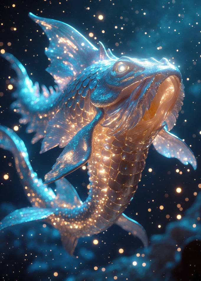 Celestial Koi — Glowing Golden-Blue 3D Fish Artwork