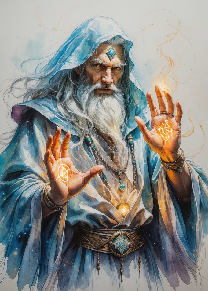 Elder Wizard Casting Magic - Mystic Sorcerer Portrait in Blue Robe