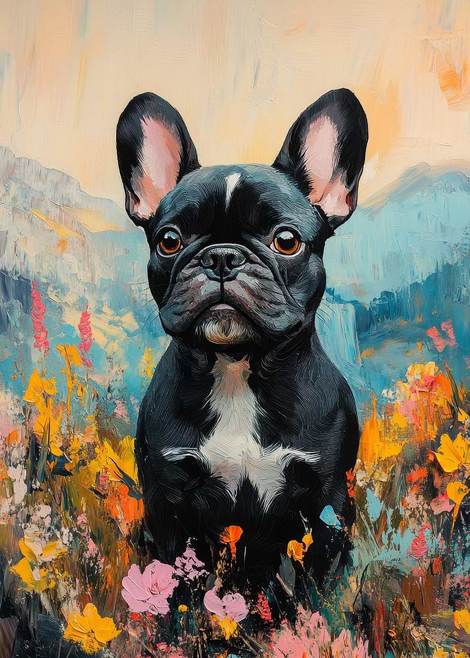 French Bulldog in Floral Landscape Painting | Dog wall art print
