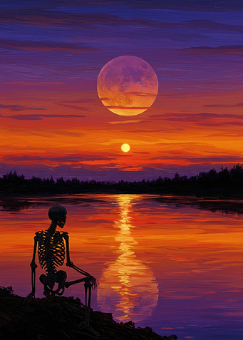 Skeleton Contemplating Sunset by the Lake