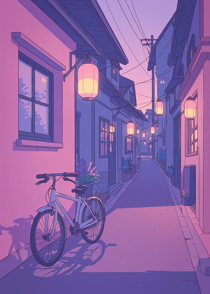 Anime Alley with Bicycle and Lanterns