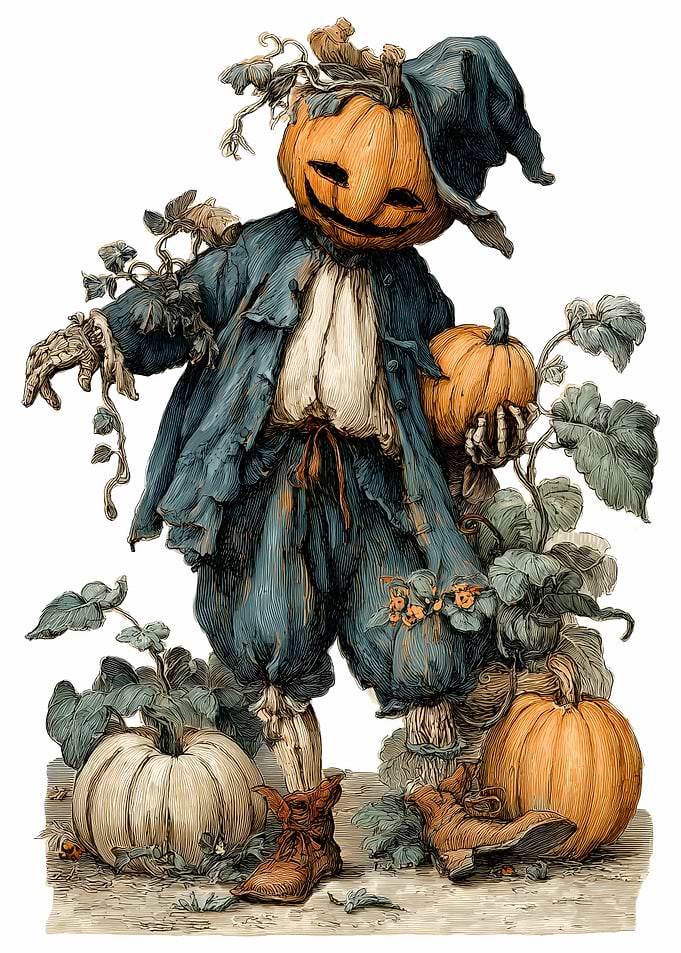 Vintage Halloween Pumpkin Scarecrow Illustration
