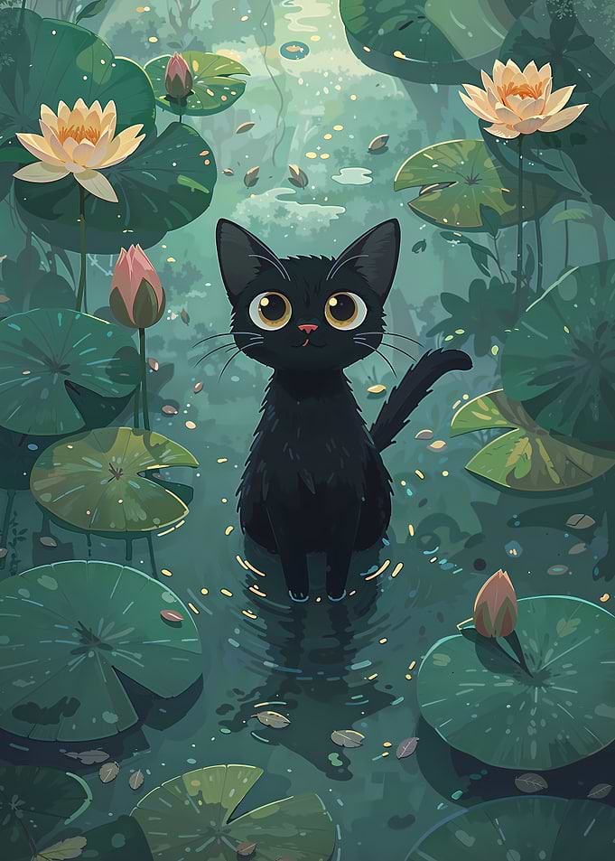 Black Cat in Lily Pond