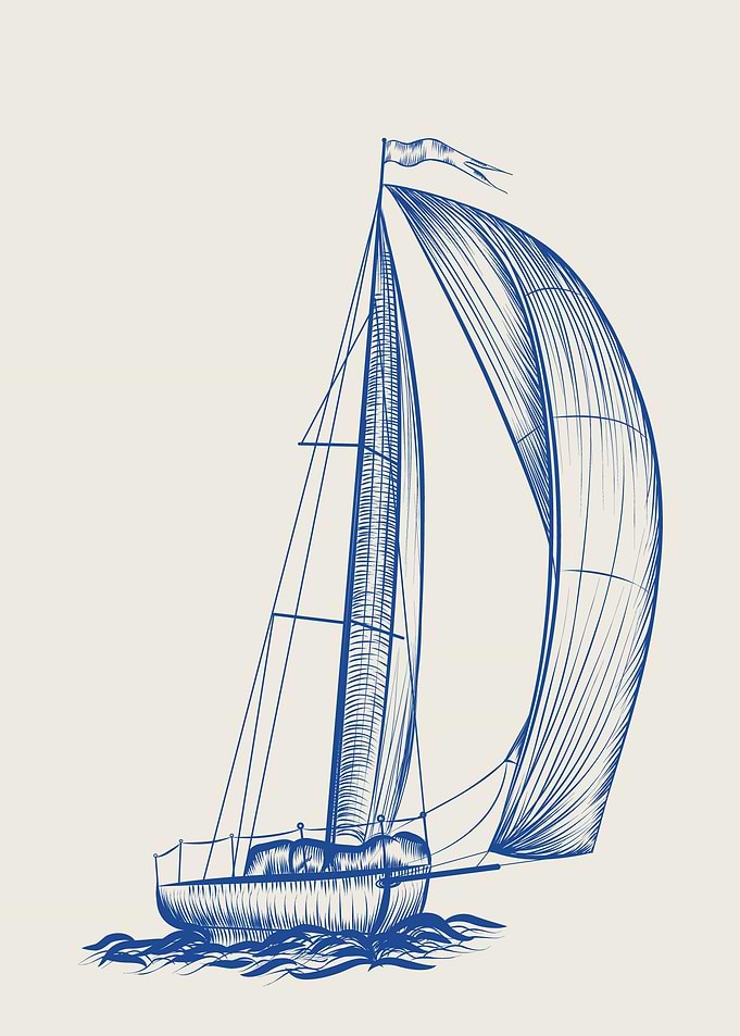 Blue Sailboat Sketch on Beige Background