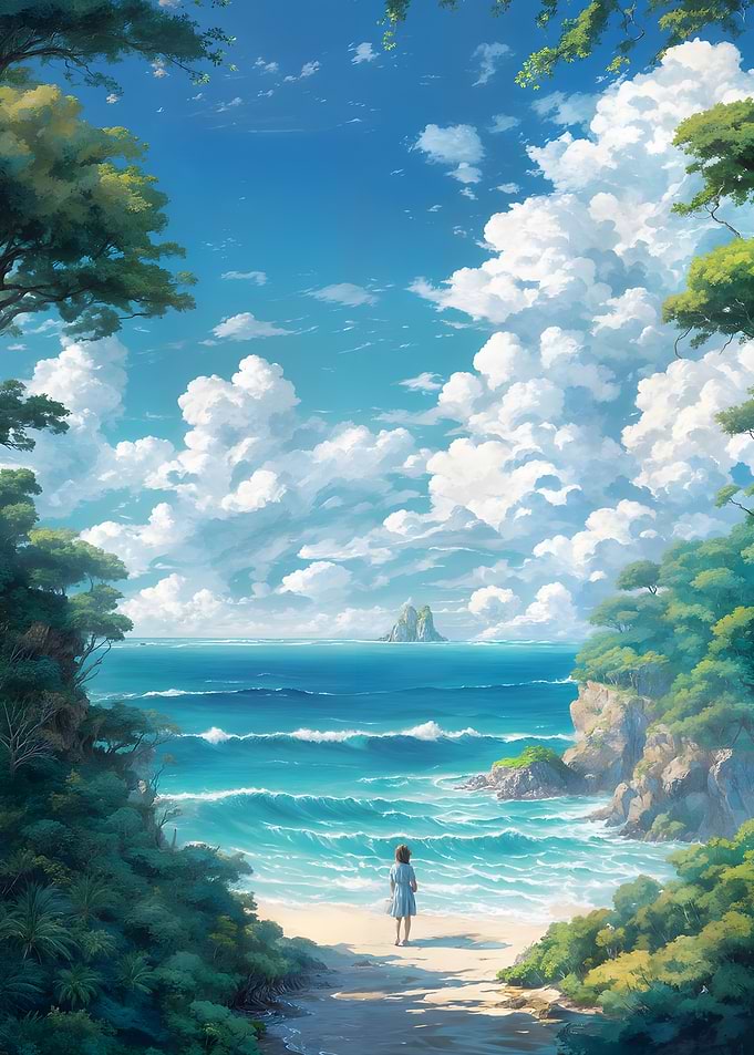 Seaside Shoreline — Girl on Beach, Turquoise Ocean & Dramatic Clouds