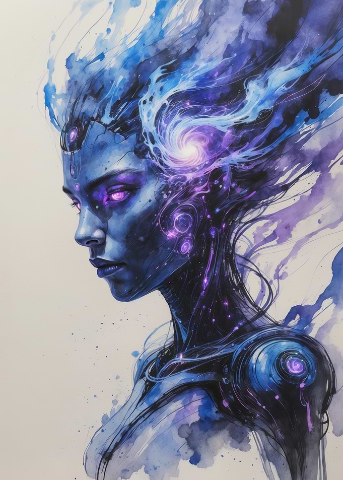 Ethereal Cosmic Portrait — Blue & Purple Space Goddess Illustration