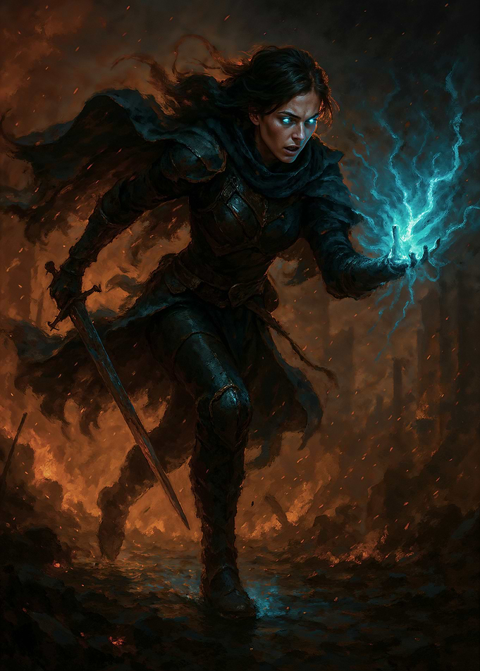 Female Warrior with Sword and Magic