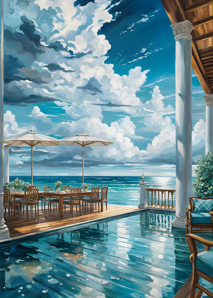 Coastal Poolside Terrace — Seaside Dining & Ocean View Wall Art