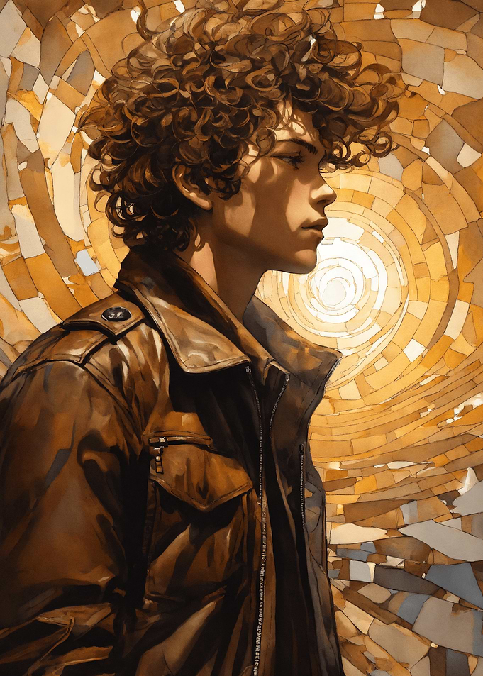 Curly-haired man in leather jacket portrait
