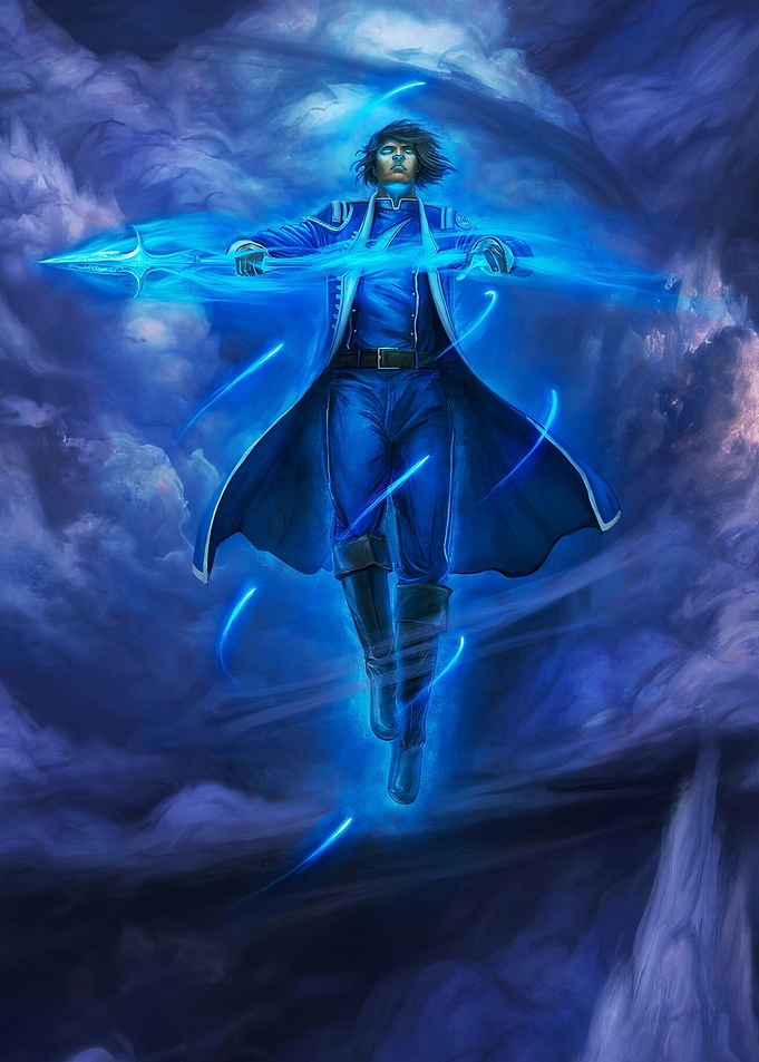 Blue-clad man with energy weapon