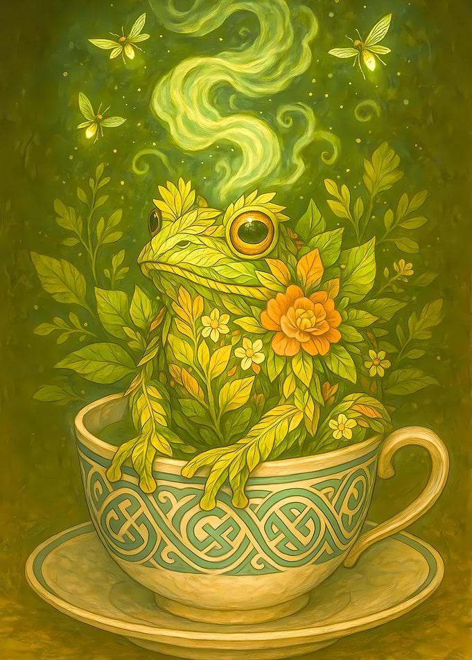 Floral Frog in Teacup Illustration